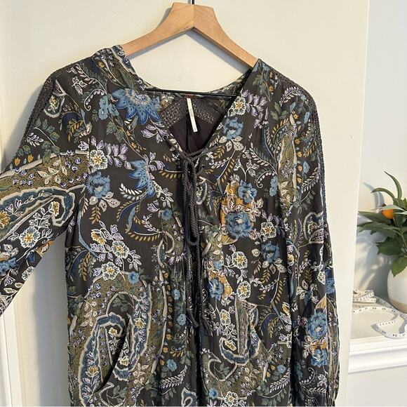 Free People Green Floral Lace Front Long Sleeve Mini Dress Small - Picture 12 of 14